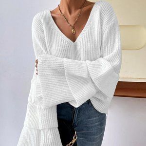 chic elegant ruffle trim sleeve ribbed knit sweater fall winter white